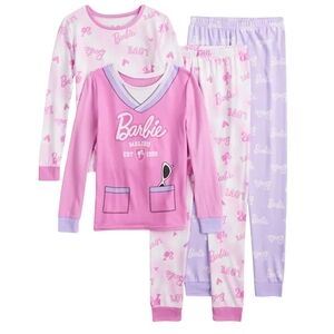 Barbie Malibu Girls Pajama Set Size 6 Pink Purple 4-Piece Snug Fit Sleepwear